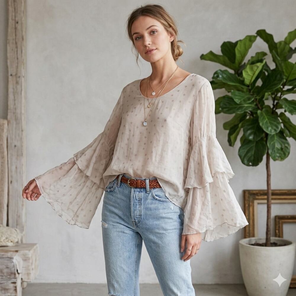 Belle France Silk Blouse Small Beige Boho Fairycore Bell Sleeve Stars Whimsical